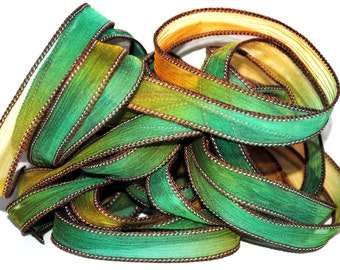 Hand dyed silk ribbon- silk ribbon - silk wrapbracelet- crinkle crepe-yellow-gree-orange