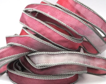 Hand dyed silk ribbon- habotai- silkwrap- silk wrapbracelet-satin-eggplant-grey-cherry-red