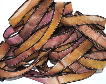 Hand dyed silk ribbon- habotai- silkwrap- silk wrapbracelet-satin-pink-orange-yellow-brown