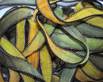 Hand dyed silk ribbon- crinkle silkwrap- silk wrapbracelet- crinkle crepe-green-yellow-orange