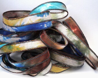 Hand dyed silk ribbon- habotai- silkwrap- silk wrapbracelet-satin-tie dye-blue-green-brown-yellow