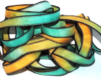 Hand dyed silk ribbon- habotai- silkwrap- silk wrapbracelet-satin-green-orange-blue-yellow