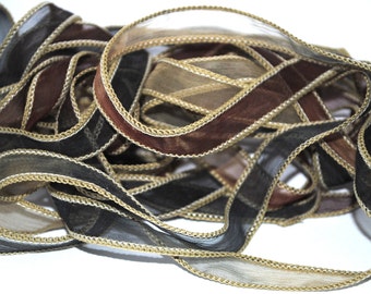 Hand dyed silk ribbon- crinkle silkwrap- silk wrapbracelet- crinkle crepe- beige -brown-grey