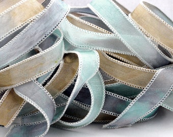 Hand dyed silk ribbon- silk ribbon- habotai- silk wrap bracelet-ruban-mintgreen-sand-grey