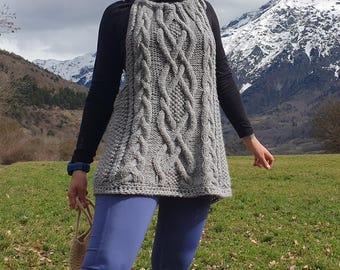 Cozy slip over vest with Viking / Celtic cables, knitting pattern, easy construction
