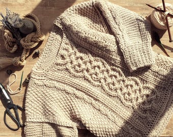 Gehaakte Viking-trui met Keltische kabels, Tunesisch haakpatroon, Aran / Ierse tuniek
