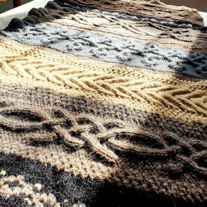 Puede incluir: Una manta tejida a mano con un diseño texturizado. La manta presenta un degradado de color de marrón oscuro a beige claro, con intrincados trenzados y patrones de nudos celtas. La manta está hecha de hilo suave.