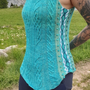 Summer silky top knitting pattern with Celtic / Irish cables and Fair Isle, Viking motif