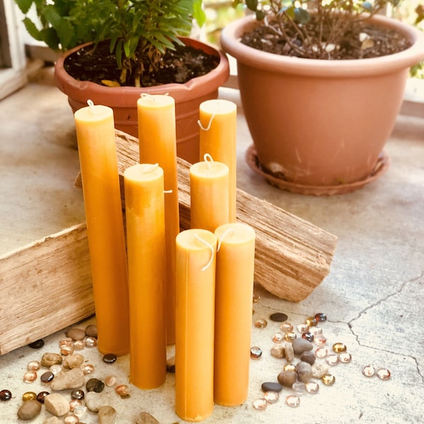 Unique extra tall pure beeswax pillar candles 2" wide and up to 15" tall organic beeswax candles made with local Georgia Beeswax