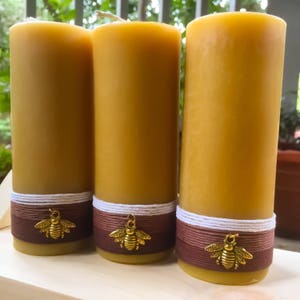 Beeswax Candle-organic beeswax pillar candle-w/natural hemp cord & a honey bee or heart charm-pure beeswax candle-3 up to 8 candle-organic image 2