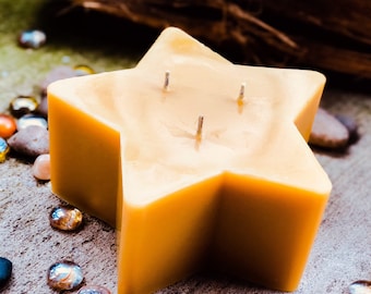 Large Beeswax Star Candle: 3-Wick Centerpiece, Handmade