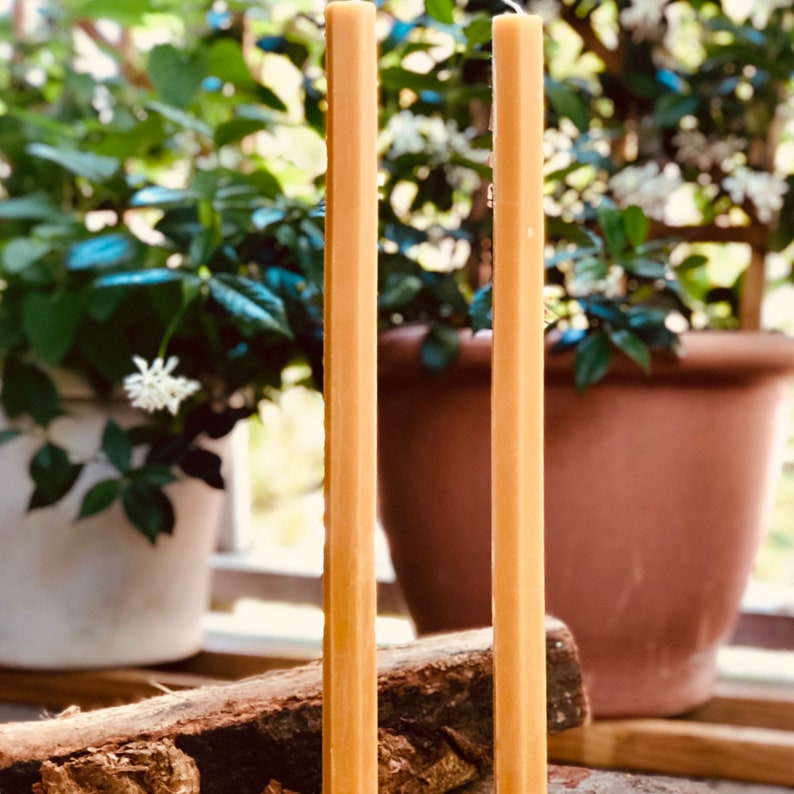 100% Pure Beeswax Taper Candles. Set of 2 pure organic beeswax candles, 1 wide, extra tall 15 elegant taper candles. Unique beeswax candle image 5