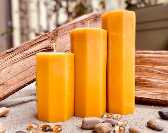 Set of 3 Organic Beeswax Pillar Candles: 3" Hexagon, Natural Honey Scent