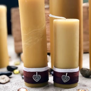 Beeswax Candle-organic beeswax pillar candle-w/natural hemp cord & a honey bee or heart charm-pure beeswax candle-3 up to 8 candle-organic image 1