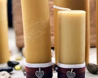 Beeswax Candle-organic beeswax pillar candle-w/natural hemp cord & a honey bee or heart charm-pure beeswax candle-3" up to 8" candle-organic