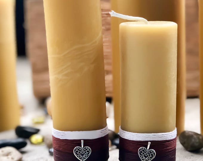 100% Pure Organic Beeswax Pillar Candle wrapped w/natural hemp cord & a Honeybee or Heart charm