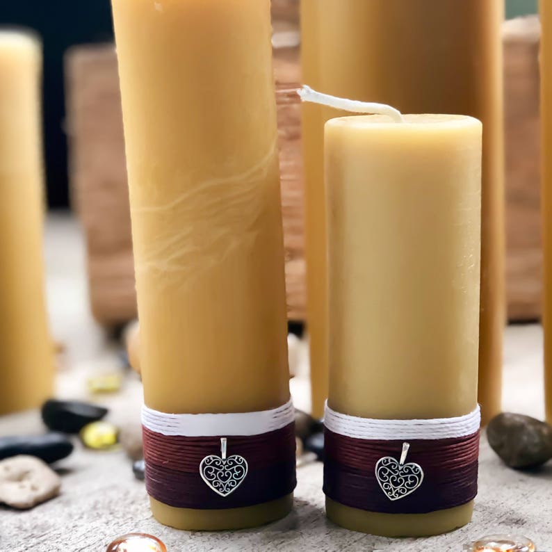 Beeswax Candle-organic beeswax pillar candle-w/natural hemp cord & a honey bee or heart charm-pure beeswax candle-3 up to 8 candle-organic image 1