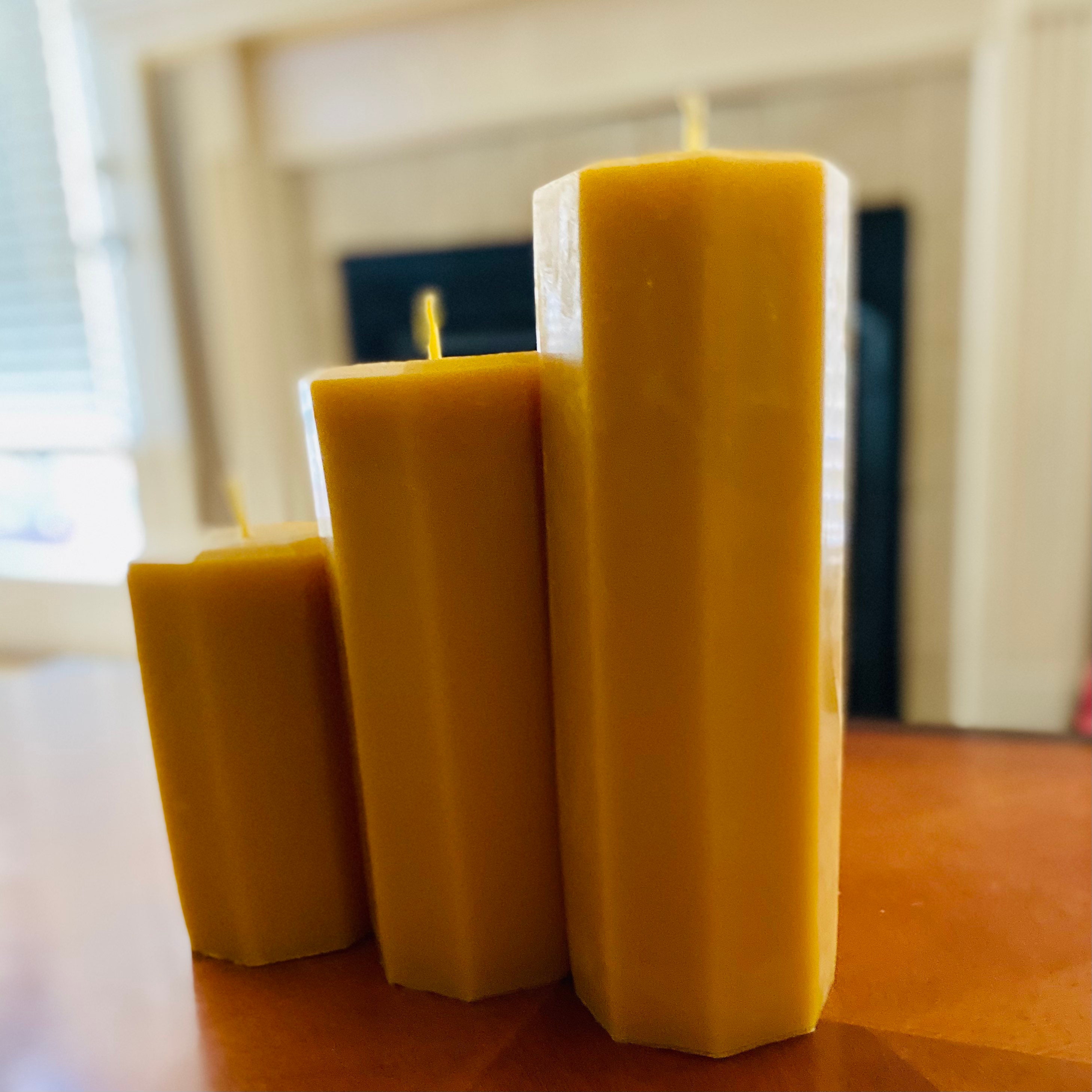 Set of 3 organic hexagon beeswax candles 3” wide-100% Pure Beeswax Pillar  candle-natural beeswax-black-white beeswax pillar