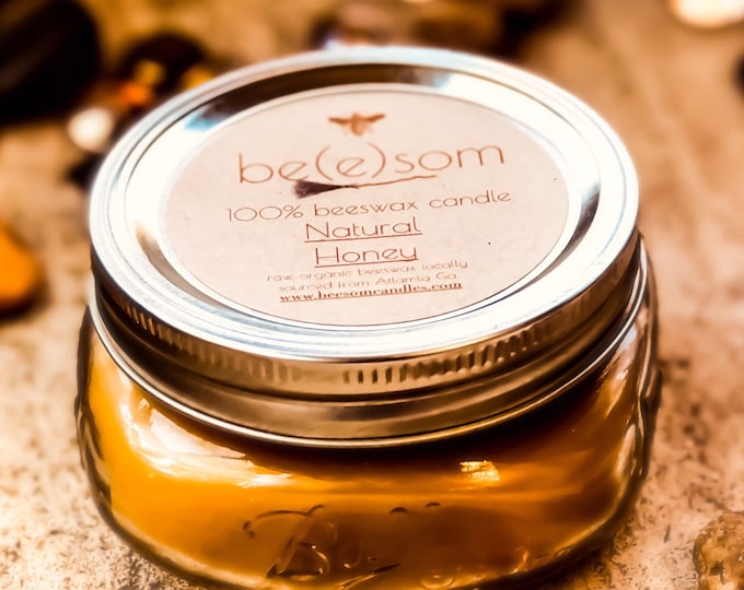 100% Pure Beeswax 8oz Jar Candle in Flat Mason Jar. Scented or unscented Natural Honey Free Shipping