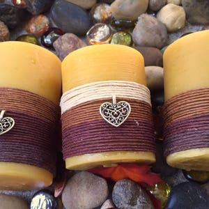 Beeswax Candle-organic beeswax pillar candle-w/natural hemp cord & a honey bee or heart charm-pure beeswax candle-3 up to 8 candle-organic image 7