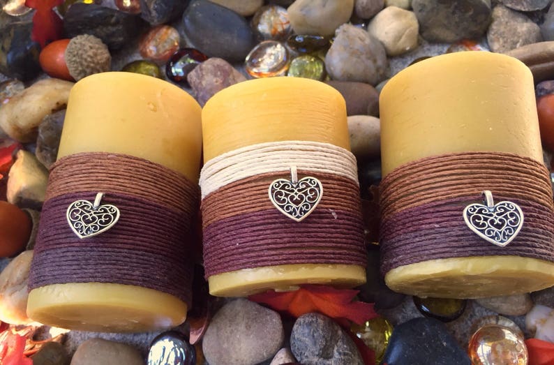 Beeswax Candle-organic beeswax pillar candle-w/natural hemp cord & a honey bee or heart charm-pure beeswax candle-3 up to 8 candle-organic image 7