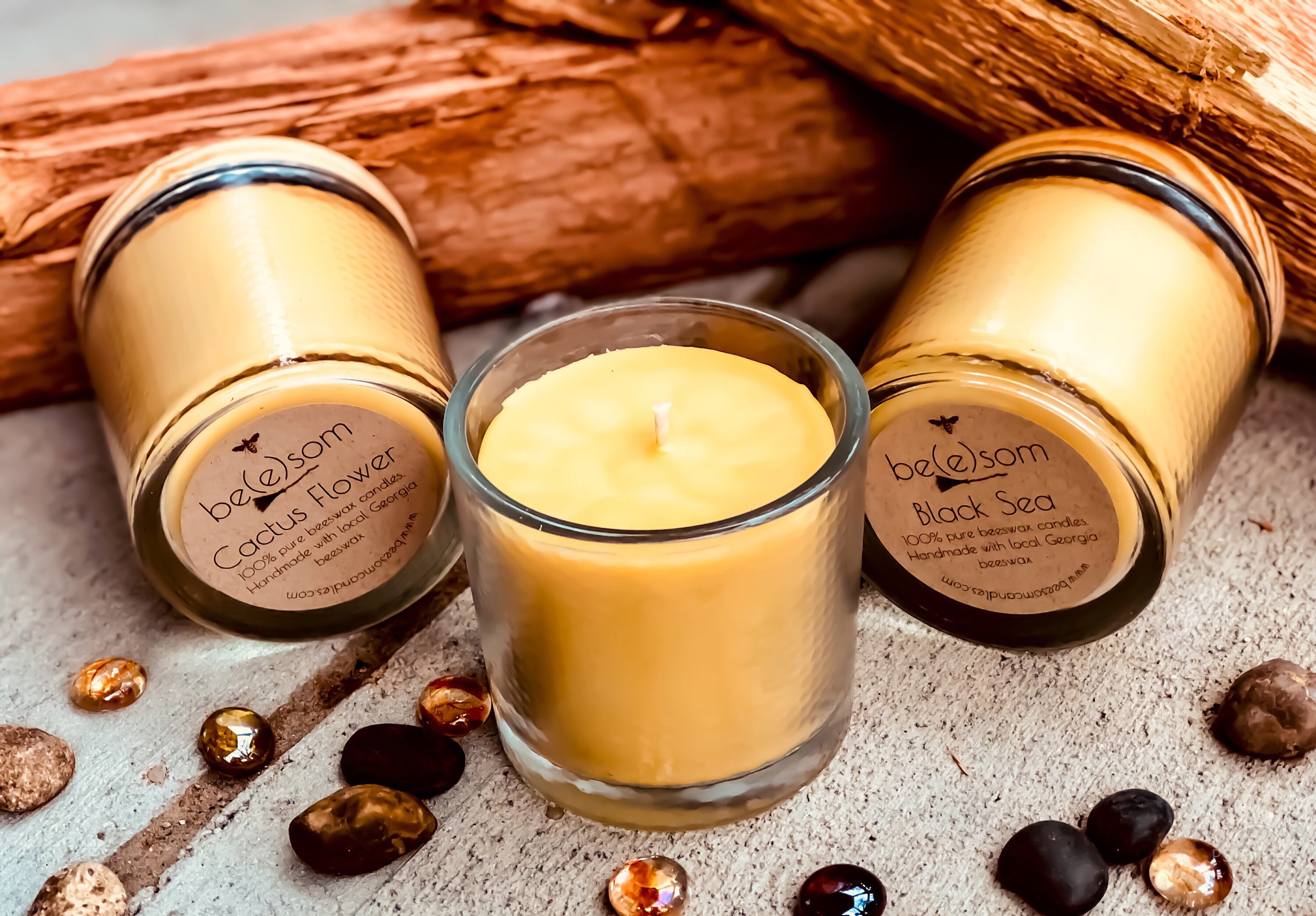 Pure Organic Beeswax Candle In A Large Glass Jar Topped With Wooden Lid 