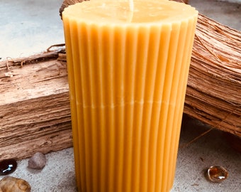 Organic Beeswax Pillar Candle: Fluted Honey Scented Candle (2”x3”x6”)