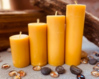 Set of 4 Organic Beeswax Pillar Candles: Handmade, 2" Wide