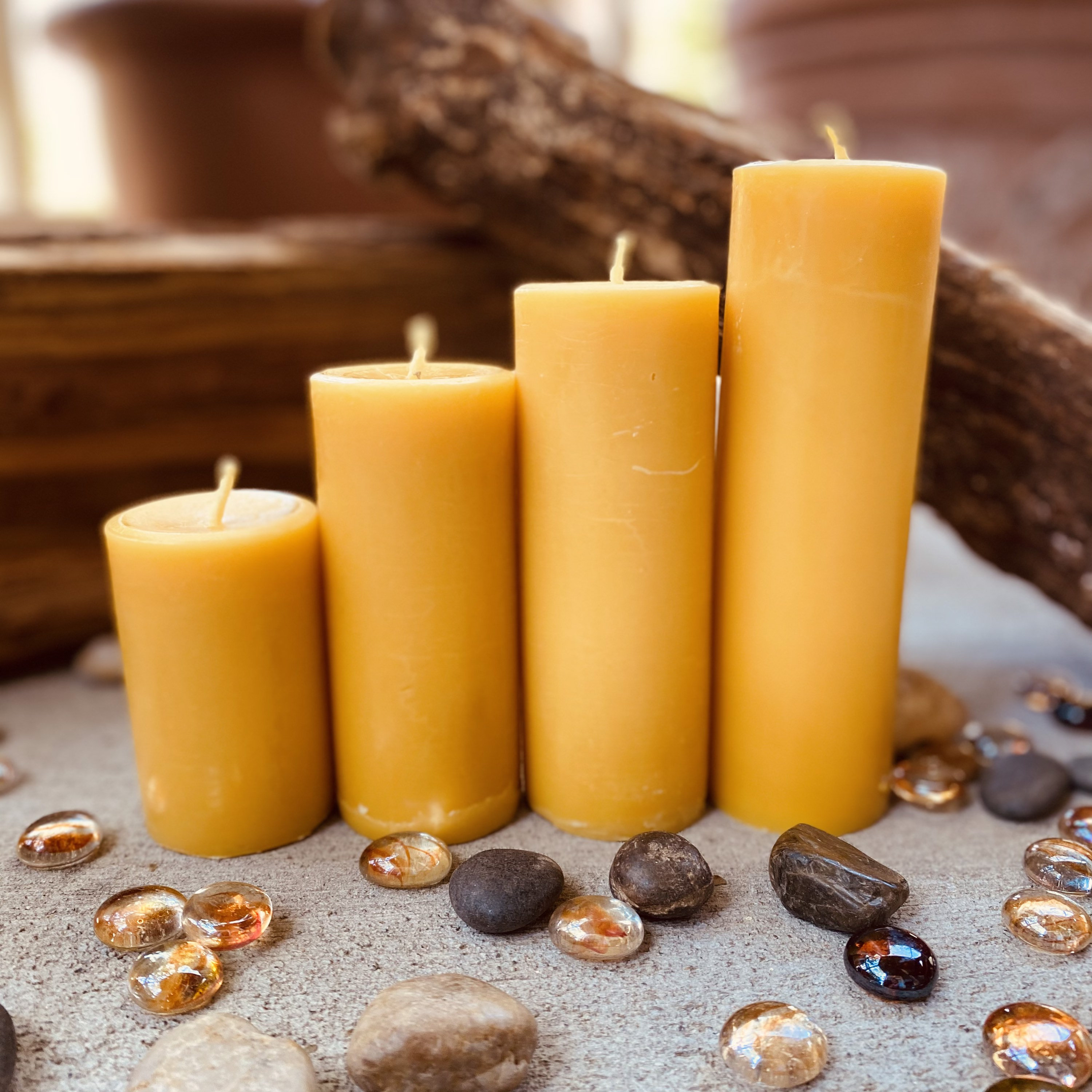 Set of 4, 100% Pure Beeswax Pillar Candles from 2 to 9 tall-Free