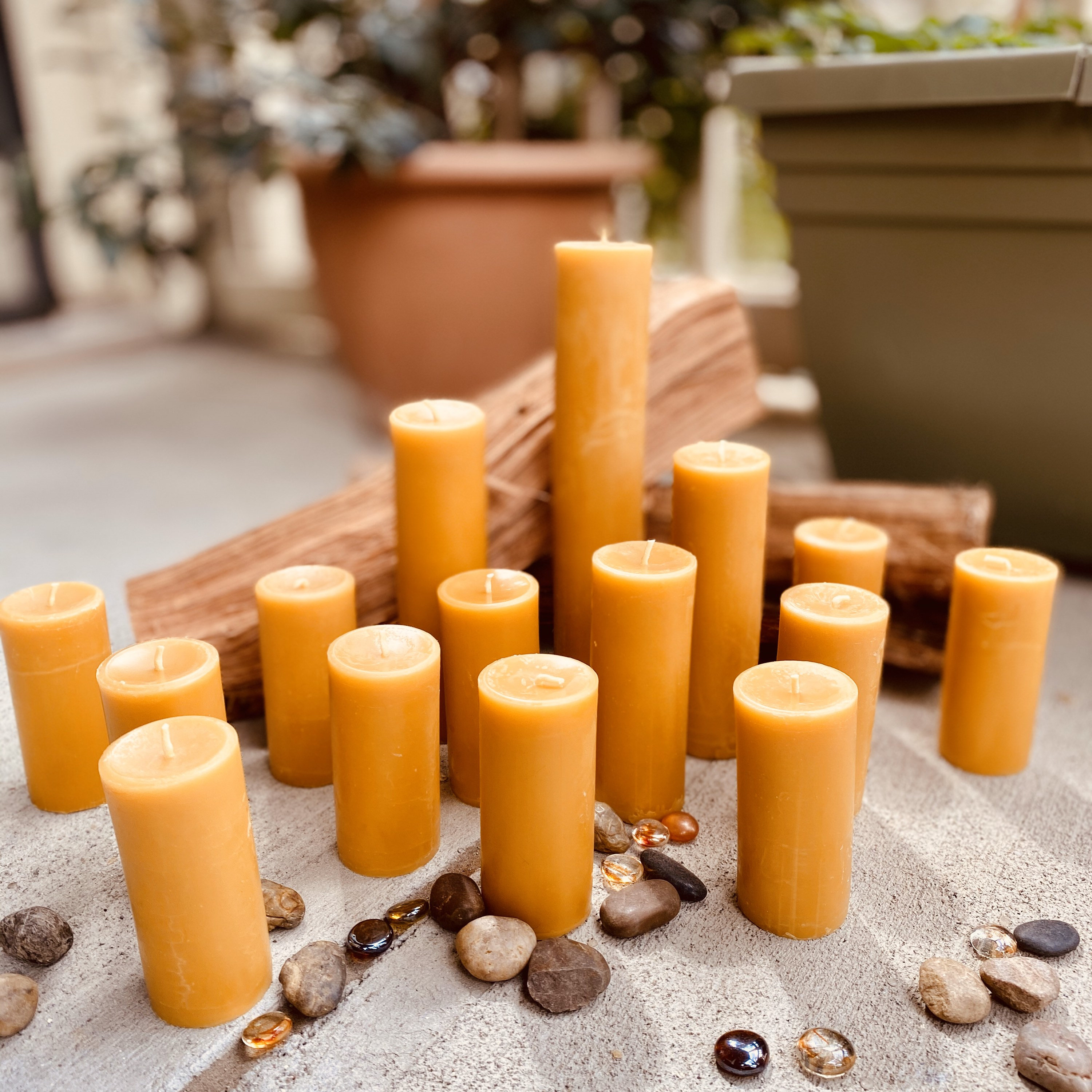 100% Pure Beeswax Pillar candles. 2 in diameter and up to 8 tall