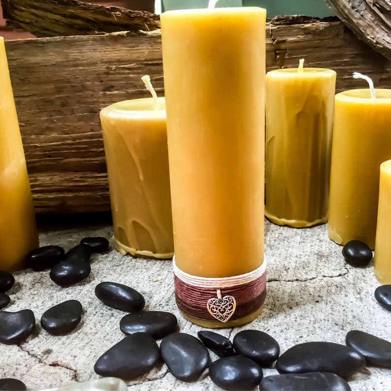 Beeswax Candle-organic beeswax pillar candle-w/natural hemp cord & a honey bee or heart charm-pure beeswax candle-3 up to 8 candle-organic image 8