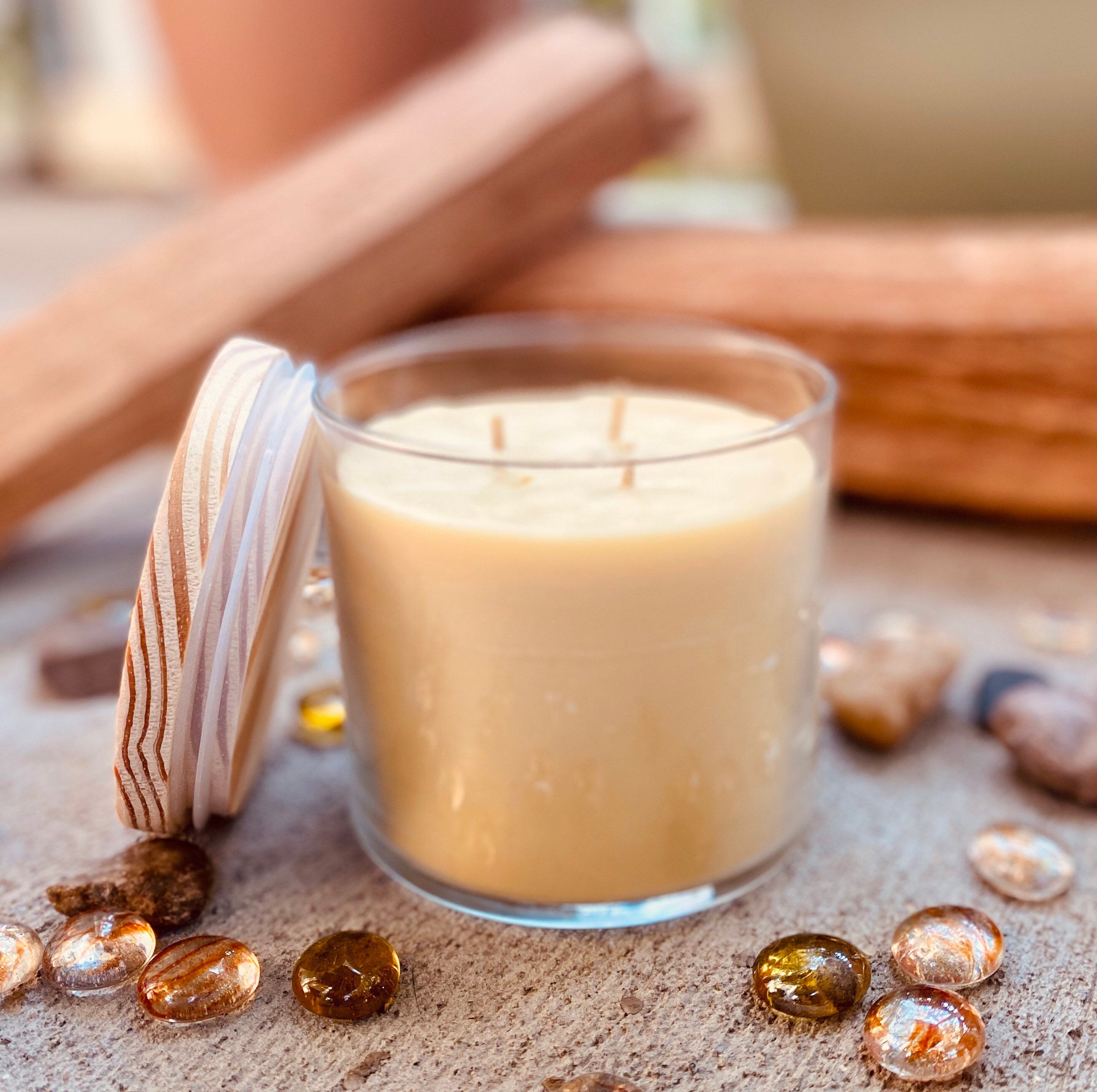 Pure organic beeswax candle in a 16oz glass jar topped with wooden lid