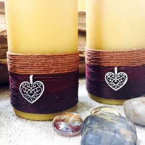 Beeswax Candle-organic beeswax pillar candle-w/natural hemp cord & a honey bee or heart charm-pure beeswax candle-3 up to 8 candle-organic image 4