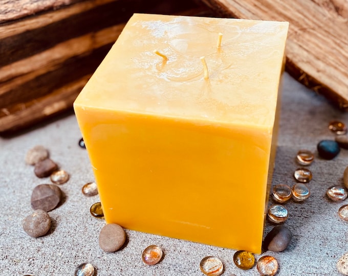 100% Pure Beeswax candle cube-Very Unique 3 wick 6”x6" Pure beeswax candle square-extra large candle-square candle-beeswax candle