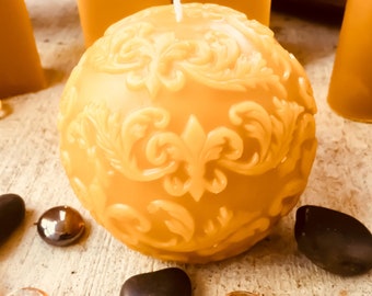 100% pure beeswax round fleur de lis ball candle-fleur de lis 4" ball candle-4" sphere candle decorated with fleur de lis-organic beeswax