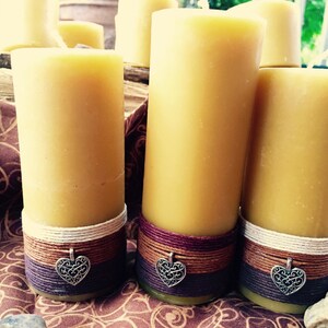 Beeswax Candle-organic beeswax pillar candle-w/natural hemp cord & a honey bee or heart charm-pure beeswax candle-3 up to 8 candle-organic image 10