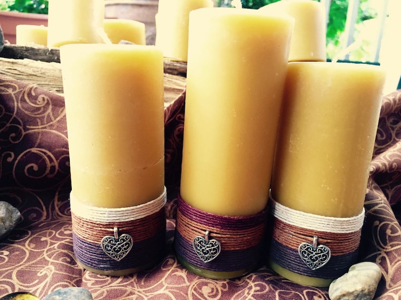 Beeswax Candle-organic beeswax pillar candle-w/natural hemp cord & a honey bee or heart charm-pure beeswax candle-3 up to 8 candle-organic image 10