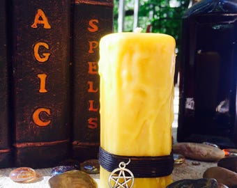 Organic Beeswax Spell Candle: Drip Pillar with Pentacle Charm