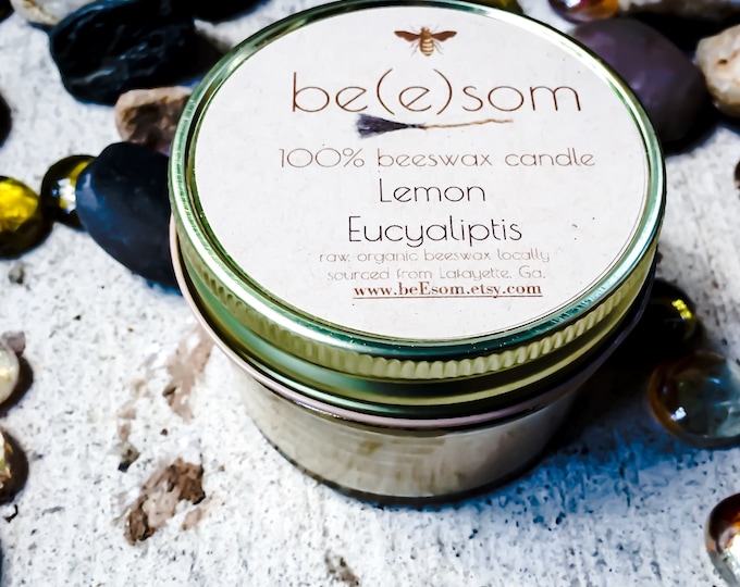 100% Pure Unscented Beeswax 3oz jar candle. Lemon Eucalyptus Scent.
