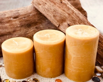 Organic Beeswax Pillar Candle Set 4inch wide Handpoured, 100% Pure
