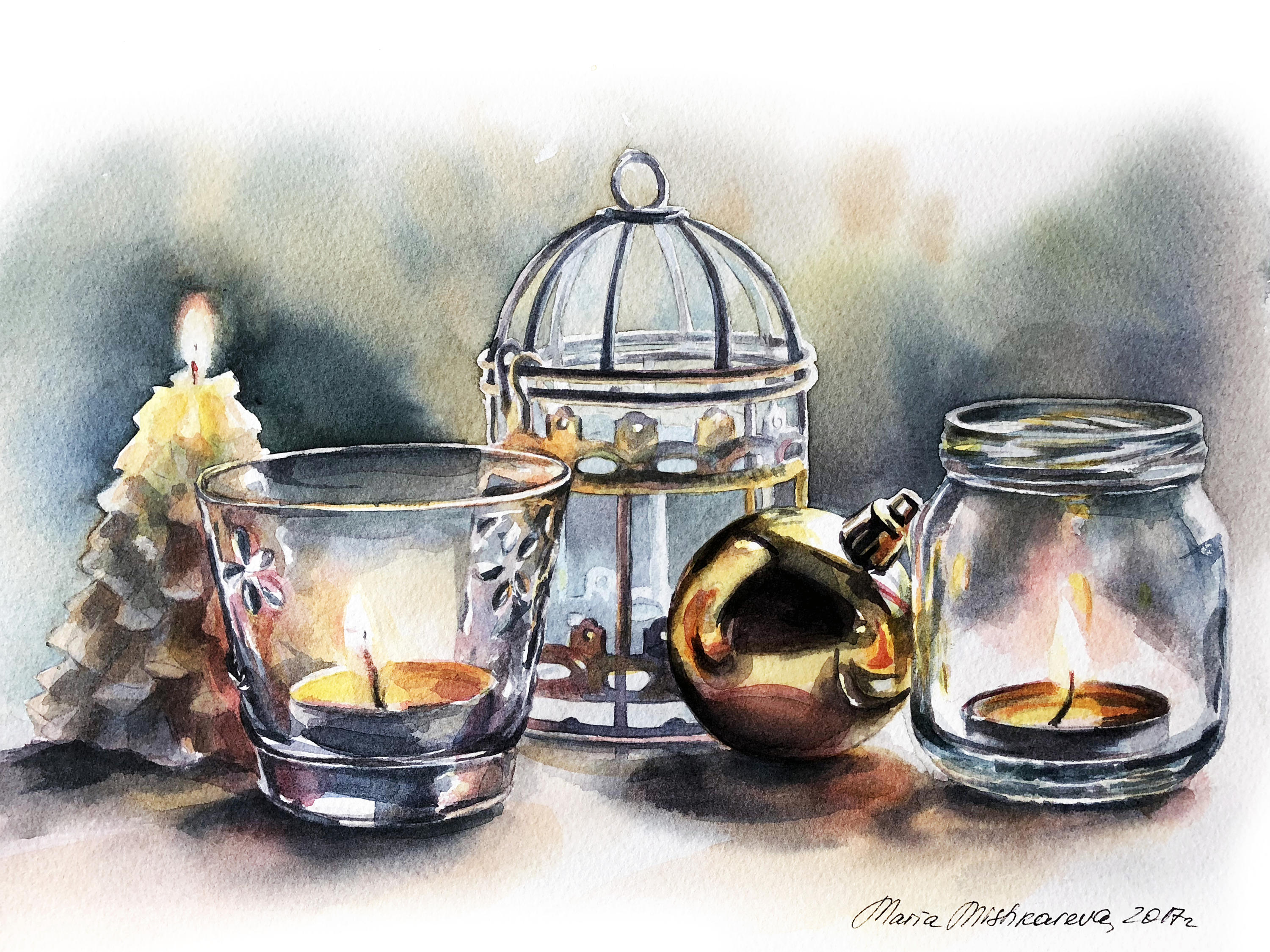 Chrismas candle Original watercolor painting Home decor Living Etsy