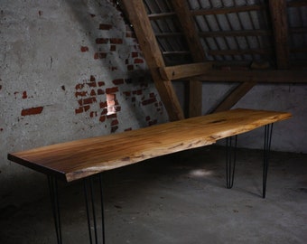 Holz Tisch, Hairpinlegs, Massivholztisch, Bohle, Bohlentisch, Tisch mit Baumkante, Design, Eiche, Tischplatte, Großer Tisch, Skandinavisch