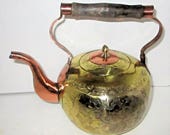 Vintage Chinese Copper Brass Teapot Tea Pot Wood Handle Embossed Floral Design Stylized Spout Asian Kettle China