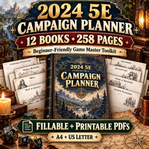 May include: A 2024 5E Campaign Planner featuring 12 books and 258 pages. The set includes a central planner book with a landscape cover, various printable sheets for world building, NPCs, and encounters, plus fillable PDF options in A4 and US Letter.