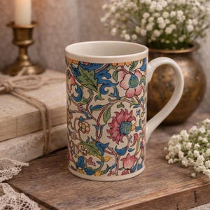 Taza de gres vintage Dunoon con diseño de William Morris, fabricada en Escocia, estilo Arts & Crafts.