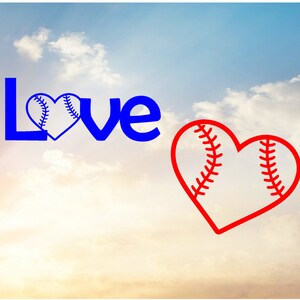 May include: Blue word "Love" with a baseball-shaped heart replacing the "o". A red heart-shaped baseball is to the right. The image is set against a sky background.