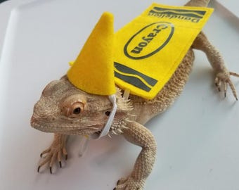 May include: A yellow felt crayon costume for a bearded dragon. The costume includes a hat and a body piece with the word "Crayon" printed on it.