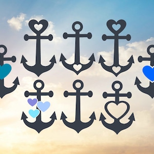 May include: Nine black anchor silhouettes with different heart designs in blue, purple, and white. The anchors are against a blue and orange sky background.
