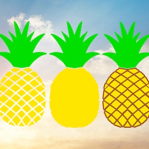 May include: Three yellow pineapples with green leafy tops against a sky background. The pineapples are in different styles: one with a white grid pattern, one solid, and one with a brown grid.