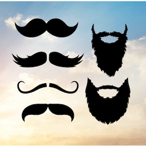 Puede incluir: Ilustraciones de siluetas negras de varios bigotes y barbas sobre un fondo de cielo. La imagen presenta cuatro estilos de bigote diferentes y dos estilos de barba, todos en color negro sólido.